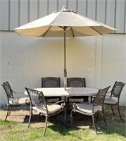 Stone top patio table & chairs set w/ umbrella