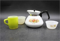 Corningware Teapot, Mug, & 2 Small Bowls
