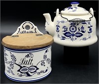 Blue & White Porcelain Teapot & Salt Box
