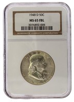1948-D MS65 FBL GEM Franklin Silver Half Dollar