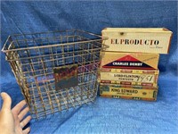 (2) wire baskets & (4) cigar boxes