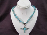 Turquoise & Silver Cross Necklace 12" L