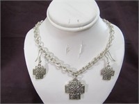 9 1/2" Silver Cross Necklace, Pair Silver Earrings