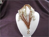 Leather, Gold, Pearl Necklace 8"