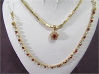 Gold Necklace & Gold tennis Bracelet w/ Red Stones