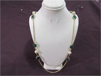 1 Gold, Pearl & Green Stone Necklace 13"