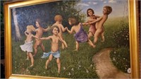 Large Framed Art Children Playing in Meadow O/C