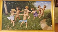 Large Framed Art Children Playing in Meadow O/C