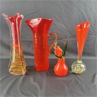 Group of Red Colored Glass Vasss, Pitcher and