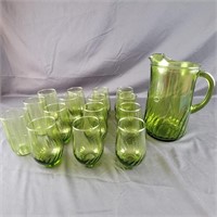 Green Glass Pitcher with 12 matching glasses p