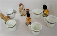 Pyrex Milk Glass Coffee Cups w/ Rooster Decor