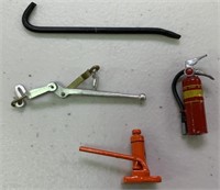 Crowbar, bottle jack, chain binder, fire extinguis