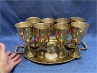 Brass tray -8 brass wine goblets -etc