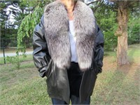 Black Leather Jacket w/Silver Fox Collar Size M