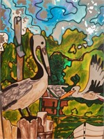 Stain Glass Hanging of 2 Pelicans