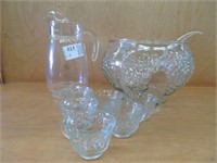 GLASS PUNCH BOWL SET - BOWL, PITCHER & 6 CUPS