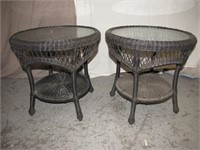 2 Plastic & Glass Top Wicker Tables 22"T x 23" Dia