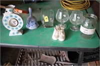 Glasses, clock, bell, porclein shoes, jar