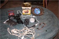 Vintage tin, drop cord, light, other items