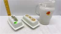 2 PYREX BUTTER DISHES & 7.5" GLASS PITCHER