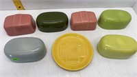 6-BAUER BUTTER DISH COVERS & 1 BAUER DISH BOTTOM