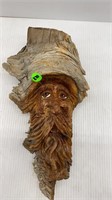 13" TALL CARVED OLD MAN ON TREE TRUNK