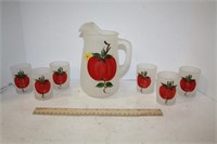 Small Frosted Painted Pitcher w/6 Juice Glasses