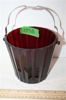 Royal Ruby Bucket Vase w/Metal Handle