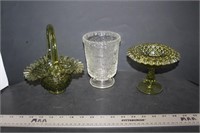 Fenton Glass Basket & Pedestal Dish & Glass Vase