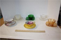 Tea Cups & Saucers 6, 1 Carnival Glass,1 Green