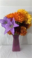Purple Glass Vase with Fake Flowers