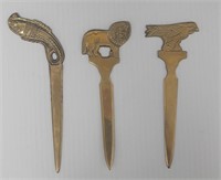 3 Vtg Solid Brass Letter Openers, Falcon, Lion,