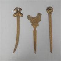 3 Vtg Solid Brass Letter Openers, Lions Head,