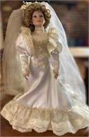 Porcelain & Cloth  Bride Doll w/Stand 16" J.