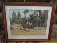 Framed Watercolor - Horse & Buggy Scene