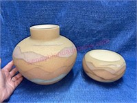 Southwest sand art pottery vase & bowl-both signed