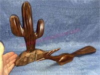 Hand carved ironwood cactus & roadrunner
