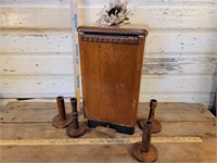 Wooden trashcan and candlesticks