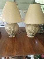 Pair of Ceramic Lamps with Birds, Trees and Shades