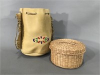 Vintage Buckskin Bag & Woven Box