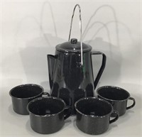 Black Granite Ware Coffee Pot w/4 Cups