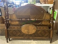 Antique full size bed with inlaid wood veneer