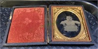 Antique photo tin type of baby - with leather