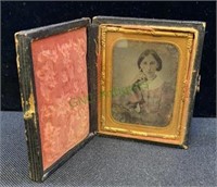 Antique photo tin type of woman - with leather