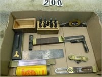 Tray lot assorted measuring devices & tools: 9pc.