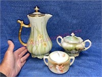 Old Limoges hand painted tea pot & 2 other pcs