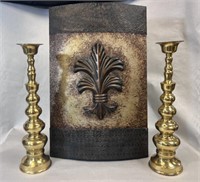 Wall Art Tin Panel & 18" Brass Candle Holders