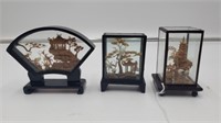 3 Pc. Chinese Carved Wooden Vignette in Glass Case