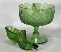Vintage Green Glass Compote & Slipper