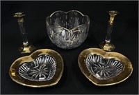 Gilded Glass Candle Holders, Bowl, Heart Dishes
